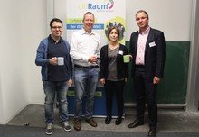 Referenten des ersten GründerTalks an der Uni Augsburg: v.l.n.r. Henning Koch, makandra; Markus A. Schilling, BayStartUP; Claudia Lange-Hetmann, Universität Augsburg; Stephan Schimpfle, aitiRaum