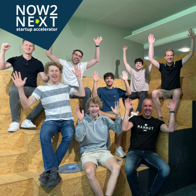 Benjamin Wöhrl, Co-Founder von Conntac ( (ganz links) mit den nowtonext Teams avanera, Flowsight und Tricli sowie Raphael Feinäugle und Stefan Schimpfle vom DZ.S